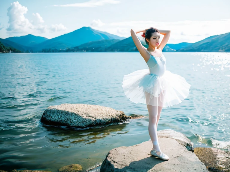 (a girl) (beautiful girl, Perfect and detailed face,mesmerizing and seductive).(best quality、masterpiece、ultra high resolution)(18 year old Japanese girl) (Standing with one left foot on the rock by the lake.Lift your right foot high. Delicate foot details)(Push your right hand forward.Stretch your left hand back.Delicate hand details)(Scene imitating the ballet Swan Lake).Ballet dancing facing the lake .best quality、masterpiece、ultra high resolution、(Photo realism)、original photo)(shadow、octane rendering、8K、Super sharp. realistic light)、 A beautiful Japanese girl wearing a white tutu,Standing on the rocks by the lake in the afternoon。Against the background of blue sky and heart-shaped lake。
, Serenity and elegance, Excellent composition,
