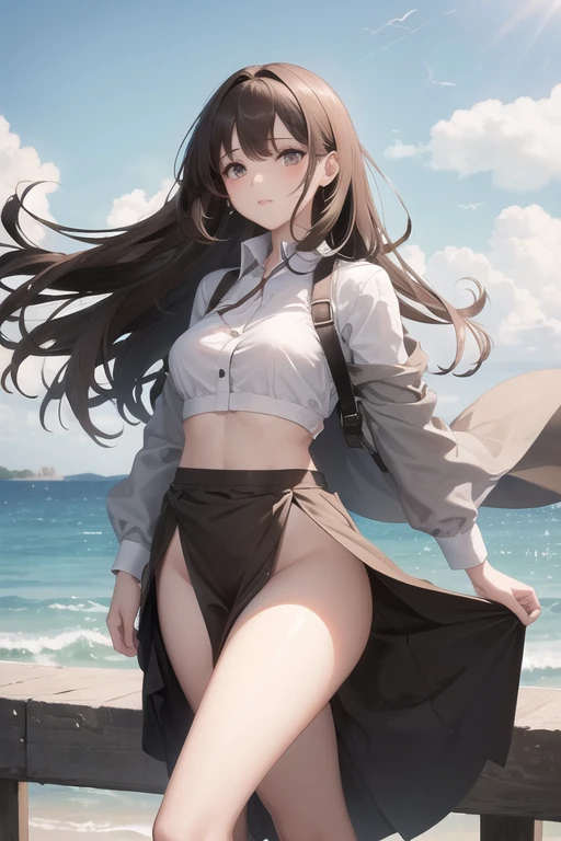 A young woman with ((long brown hair and gray eyes)), wearing sexy clothes, a skirt with a slit that reaches to her waist, flapping in the wind, and (((no underwear))).