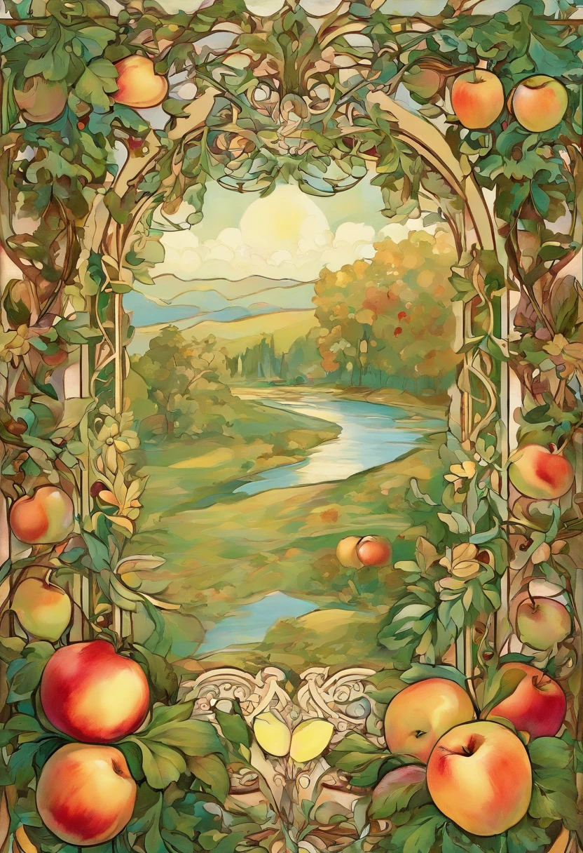 An orchard full of fruit,apple,Grape,peach,Pomegranate,Oil painting style,Bright sunlight across the screen,Idyllic atmosphere,nostalgic,Masterpieces of art.