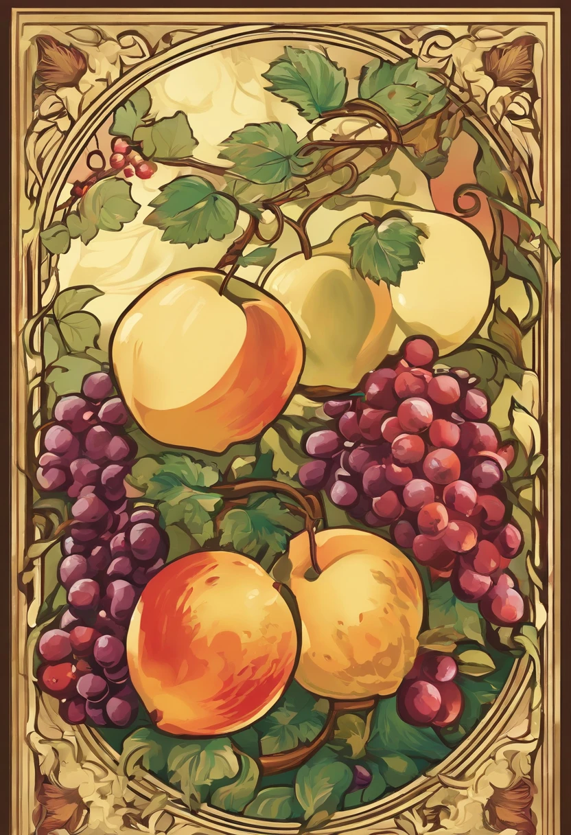 An orchard full of fruit,apple,Grape,peach,Pomegranate,Oil painting style,Bright sunlight across the screen,Idyllic atmosphere，nostalgic，Masterpieces of art．