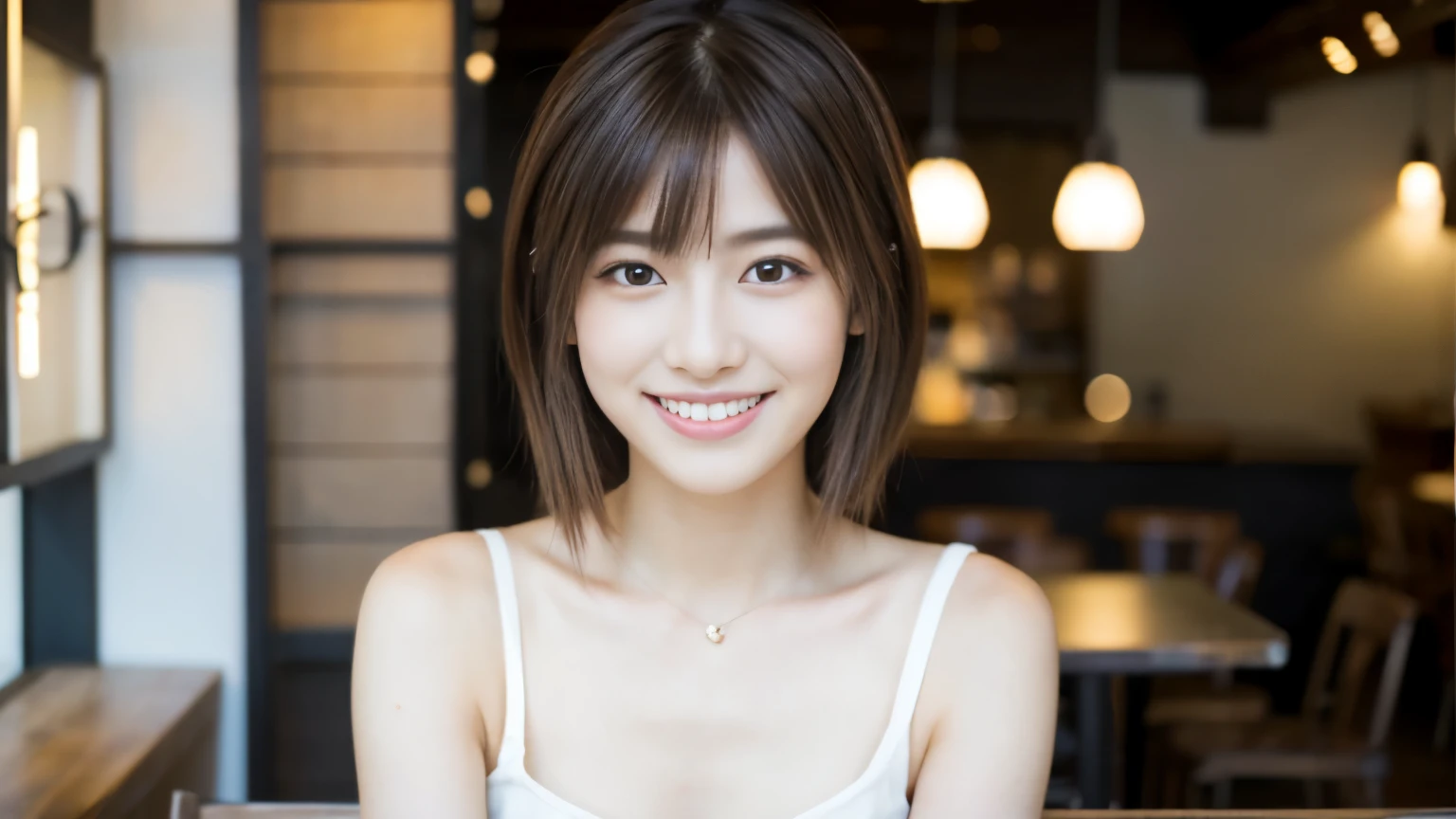 young japanese woman, 30 generations, white background, Background of a stylish cafe interior, white brown hair, thin, 4k, 8K, high quality, beauty, smile, beautiful eyes, It is characterized by its simplicity, High resolution,1 person