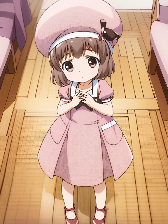  princess sakura, 1 girl, alone, have, brown hair, dress, brown eyes, short hair, shoes, shoes下, full body, kneeexpensives, mary janes, short sleeve,  Put your own hands together,  Are standing, tie, looking at the viewer, brown dress, plump sleeves,
house room,
 masterpiece, expensive quality, very_expensive_solve, big_file size, full color,