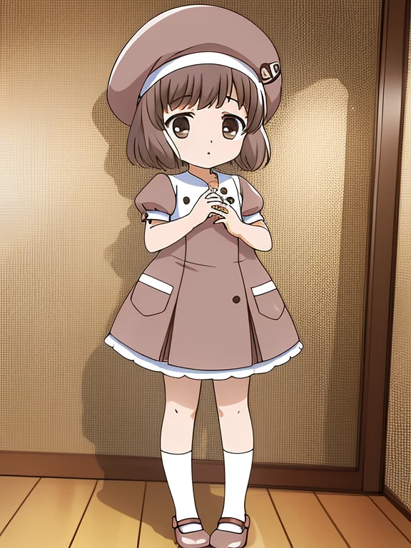 baby princess sakura, 1 girl, alone, have, brown hair, dress, brown eyes, short hair, shoes, shoes下, full body, kneeexpensives, mary janes, short sleeve,  Put your own hands together,  Are standing, tie, looking at the viewer, brown dress, plump sleeves,
house room,
 masterpiece, expensive quality, very_expensive_solve, big_file size, full color,