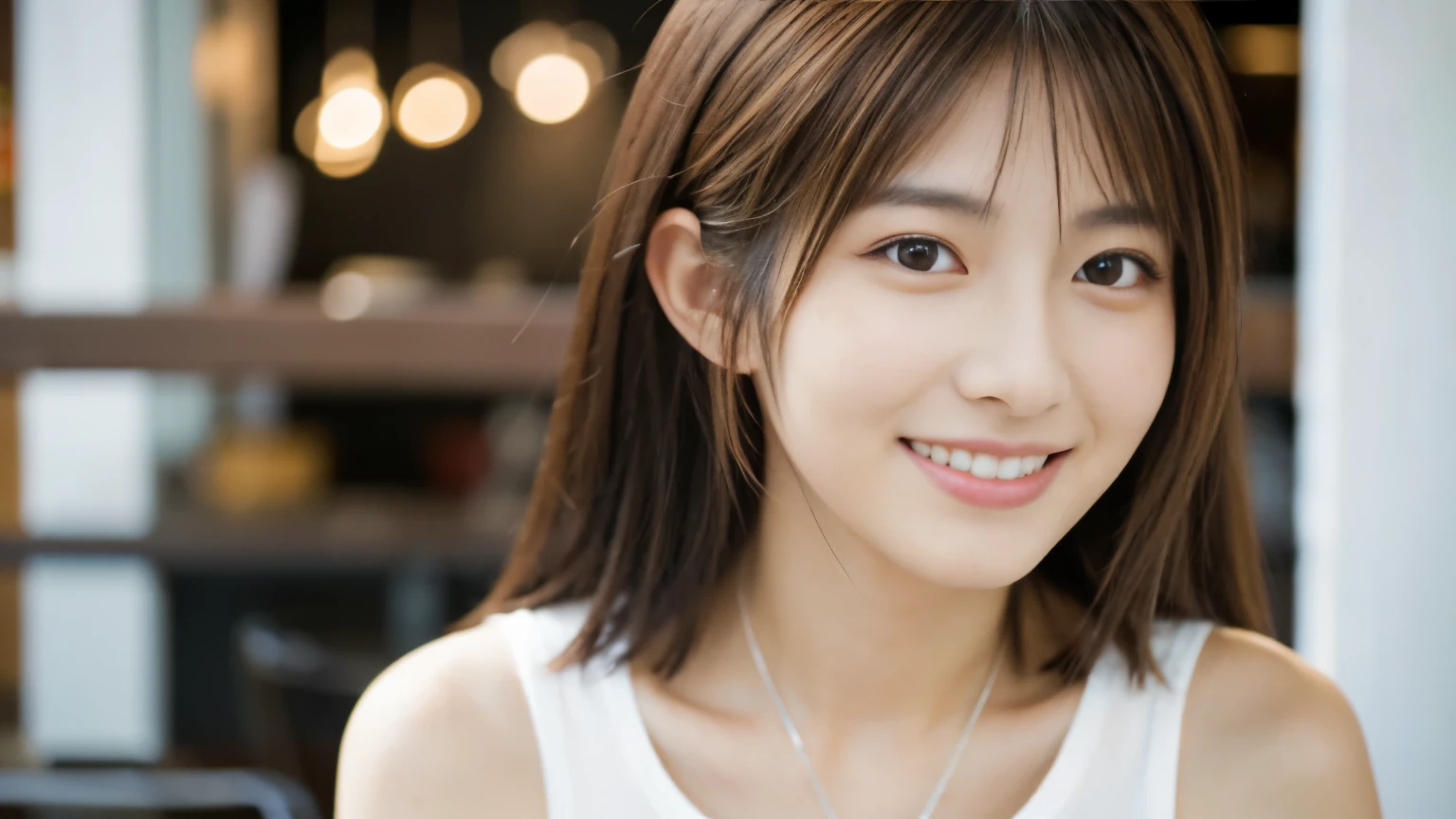 young japanese woman, 30 generations, white background, Background of a stylish cafe interior, white brown hair, thin, 4k, 8K, high quality, beauty, smile, beautiful eyes, It is characterized by its simplicity, High resolution,1 person,Clean clothes