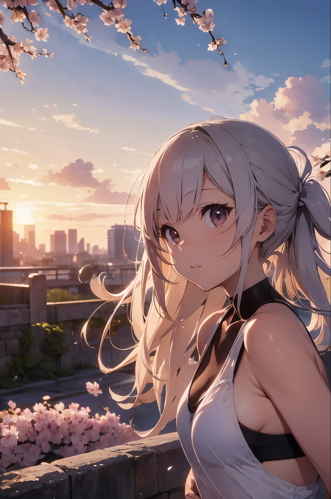 On the rooftop during golden hour、Background night city skyline, A beautiful Japanese woman is photographed wearing a sexy swimsuit, towards the camera. She wears a white swimsuit, Minimalist white swimsuit, Her long silver hair is blowing gently in the breeze. golden light surrounds her, Creating a silhouette effect, Capture the moment when the background changes from day to night. After her, Cherry blossom scenery in full bloom、Capture moments of serene beauty, Demonstrating the peaceful coexistence of city life and nature.

	• Mode: manual mode、exposed、Fine-tune your shutter speed。
	• Aperture (F-Score): f2.8〜Set to F4 range.、Make your subject stand out、Beautifully blurring the cherry blossoms in the background。
	• Shutter speed: 1. Capture the Movement/Please select 250 seconds or more。A quiet pose or、If you want to capture the moment when the petals fall、Adjusting the Shutter Speed。
	For shooting in bright outdoor conditions、Set to 100 or 200、Keep it as low as possible。
seaweed、seaweed、seaweed、seaweed、seaweed、seaweed、
