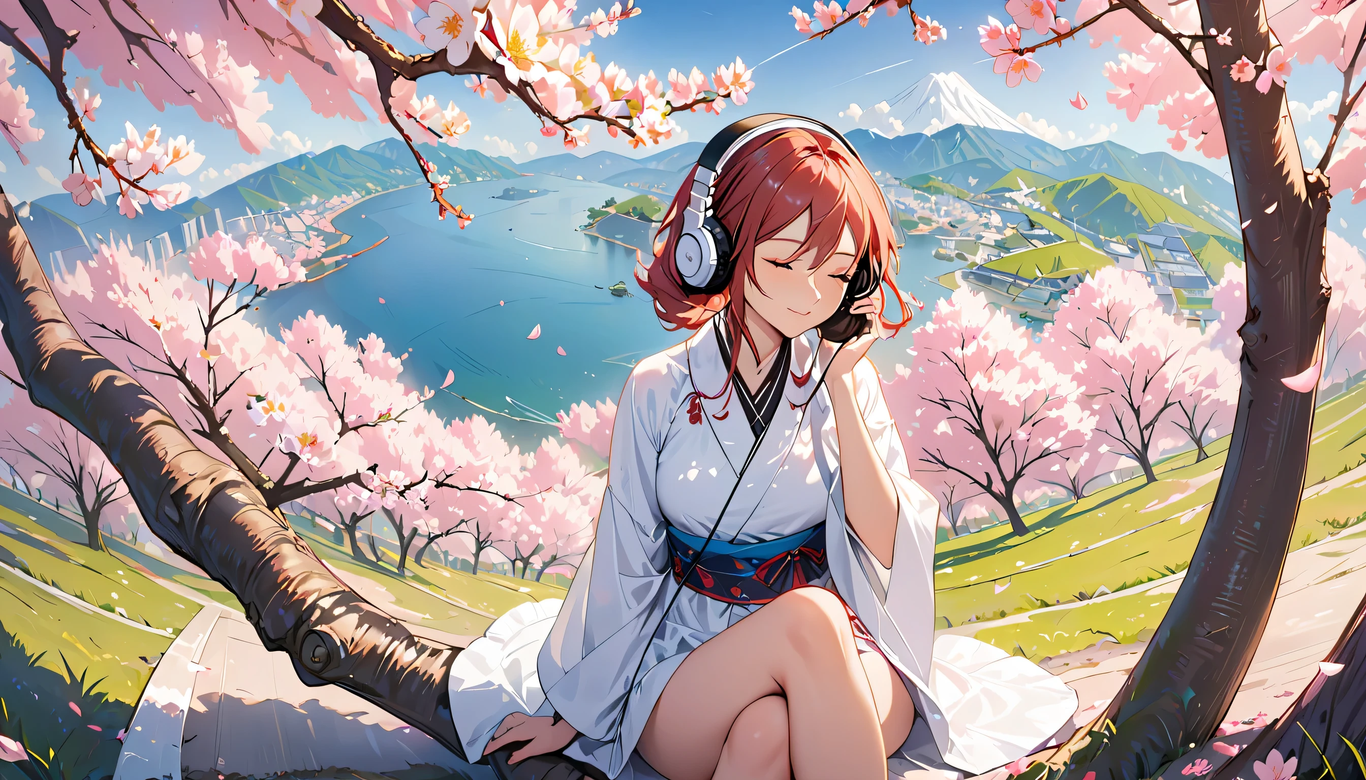 ((best quality)), ((masterpiece)), (detailed), perfect face, sitting under the cherry blossom tree, listening to music, One woman, wearing headphones, eyes closed, underwear visible