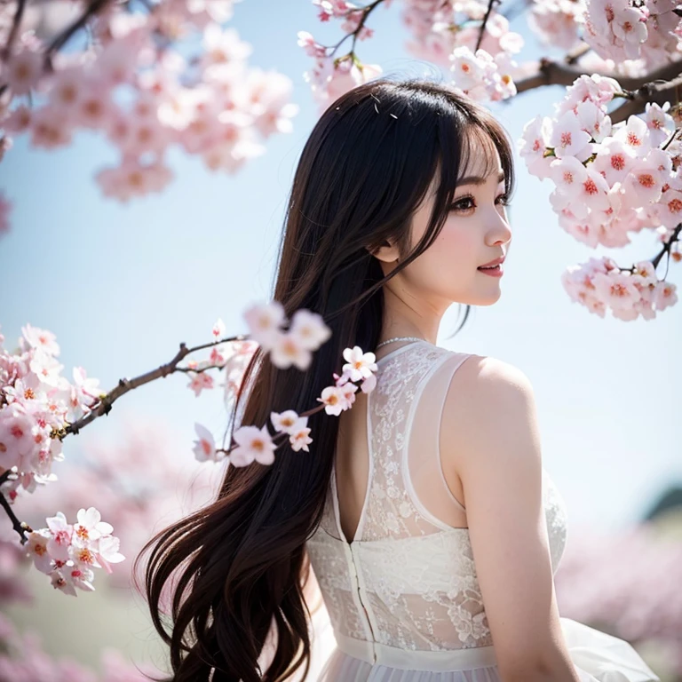 cinematic light, (1girl:1.3), adult, spring blossoms. from behind, looking at camera, petals in the air, windy day. bokeh, depth of field, detailed background, flowering, spring, vibrant, volumetric shadow