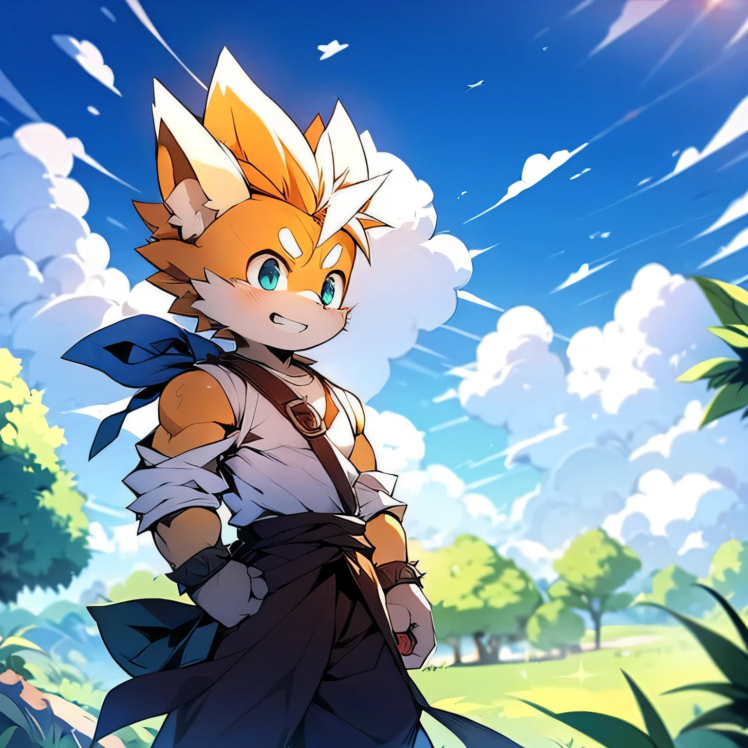 Chibi Goku, lone male figure, focus on youthful energy, Super Saiyan transformation, attired in iconic Goku outfit, cloud-filled overcast sky above, vibrant blue hue of daytime sun, outdoor setting, upper body rendering, detailed textures on clothing, expressive eyes gleaming with determination. (anime art style: 1.0), high resolution: 1.4), [detailed facial features: 1.1], mischievous grin, spiky hair standing out, muscular build, slightly blurred aura surrounding him, subtle lines and shadows adding depth.