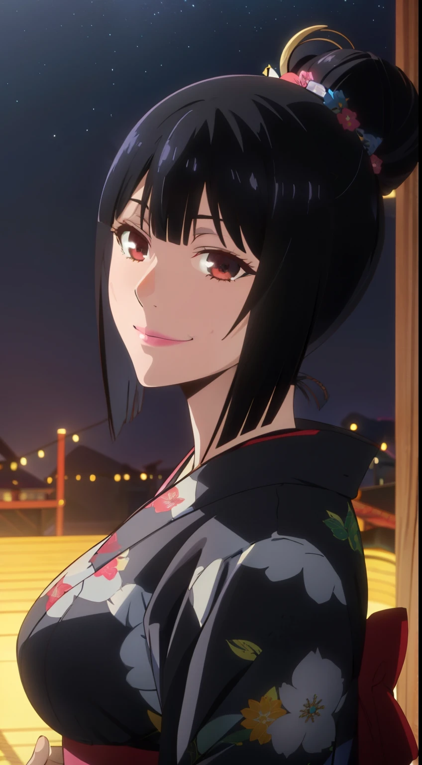 Ultra HD CGI animation 8k, very detailed, Digital Art Painting, 1 girl, pink lips, shiny, Happy, smile, looking at the viewer, Blunt bangs, blunt ends, princess cut bangs, black hair, big breasts, yukata,tie hair,bun hair,hair ornaments,Summer festival,night,cowboy shot,