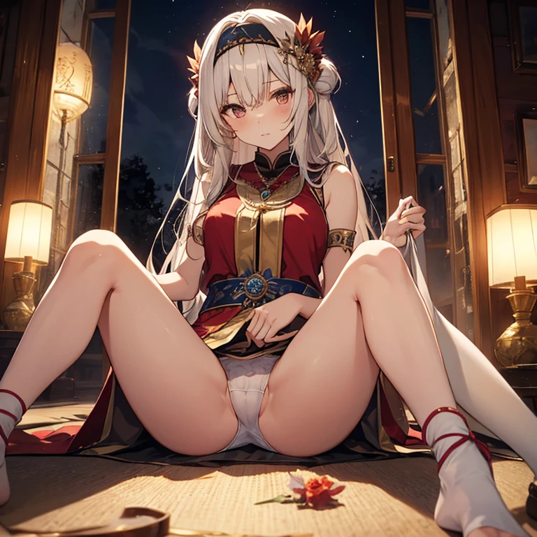 A group of priestess, (in temple), various hair styles, harem, wearing ceremonial clothes, night, details face, beautiful legs, sleeveless, seducing, spreading legs,  