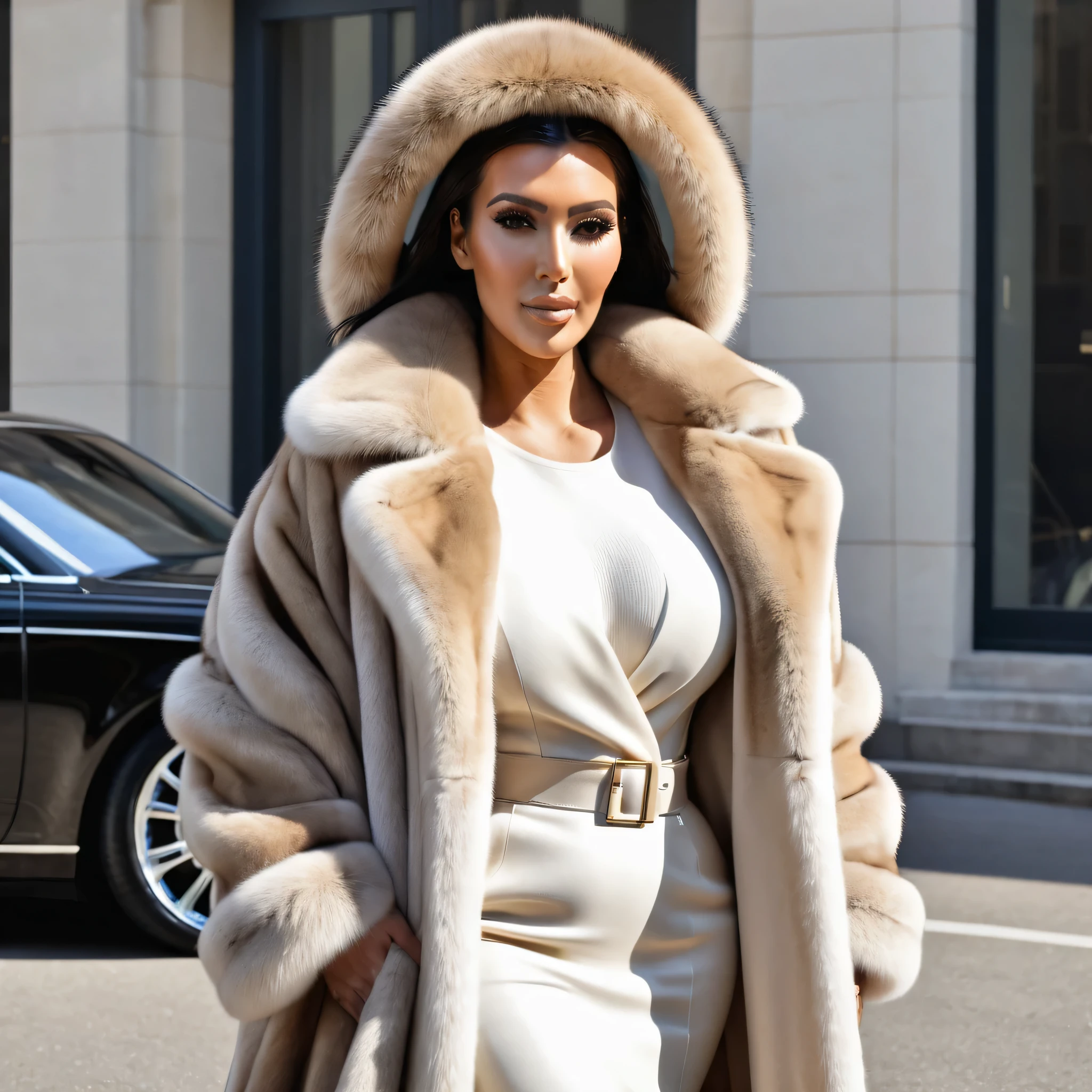A very wide and very thick, very long sand mink fur coat, fifty centimeters thick, duveteux, naturel, with an ultra thick white and sand mink fur collar, three layers, sur Kim Kardashian, fully nude front view, bare shoulders, and two large breast discovered by the fur, descend d'une voiture de luxe Rolls Royce, en haute résolution de la plus high quality、,Photo 8K HDR), Realistic texture, realistic shadows
