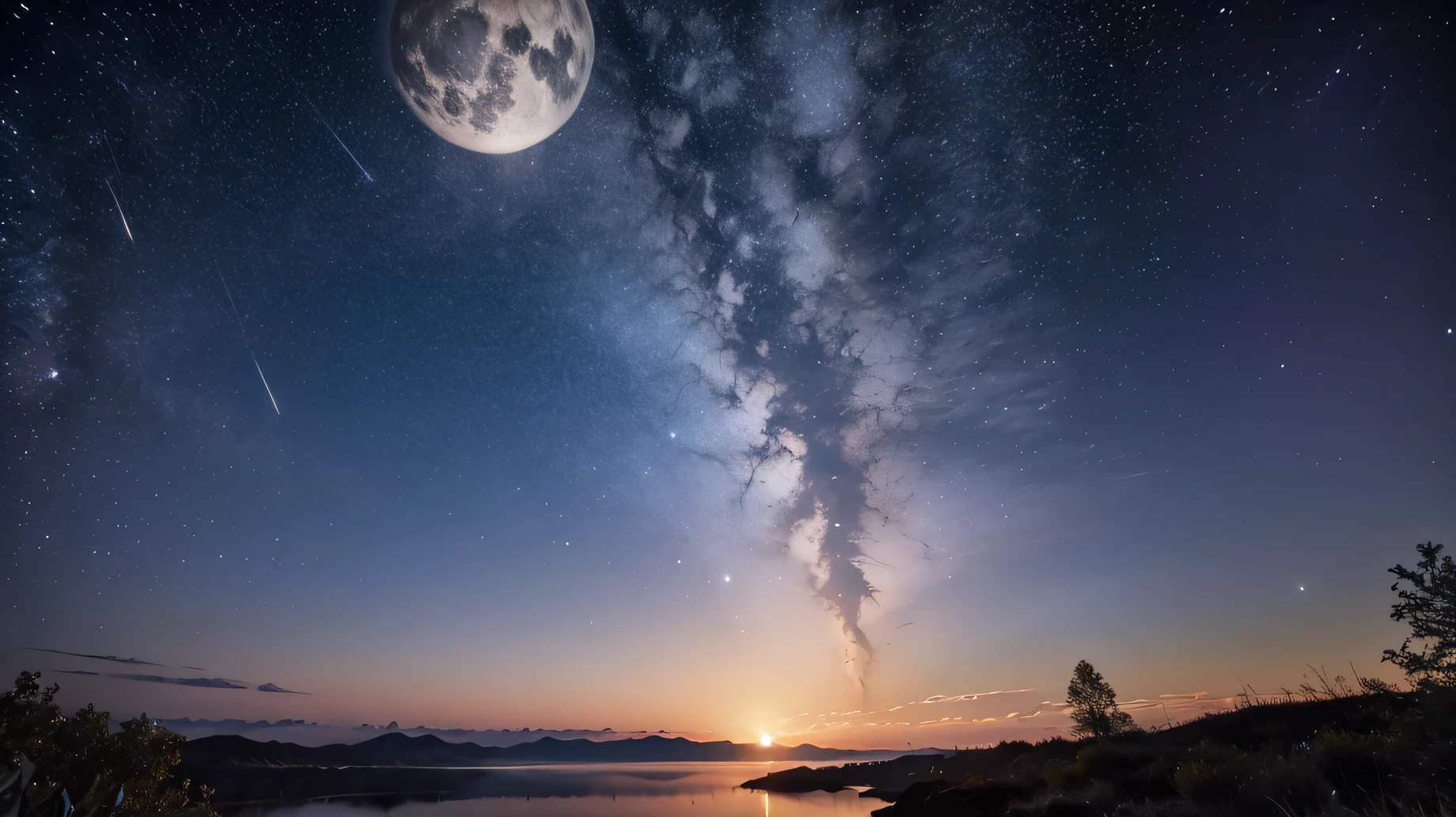  highest quality,masterpiece,wide々landscape photography , (A view from below showing the sky above and an open flowing river below), midnight,starry sky,full moon,shooting star,river flow,The sky seen from where we were camping,intricate details,dream-like