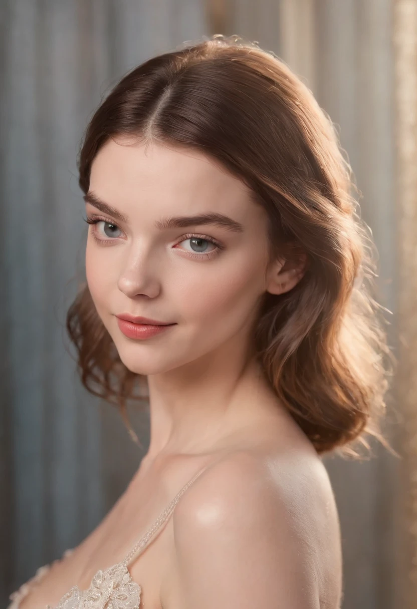 Anya Taylor Joy, beautiful, posing, detailed eyes and face, long eyelashes, radiant smile, elegant posture, alluring gaze, relaxed and confident, in a romantic setting, wearing a delicate bra and panties, soft and sensual lighting, vibrant colors, artful composition, high-resolution digital artwork, capturing her natural allure and sensuality, exquisite attention to detail, evoking a sense of intimacy and desire.