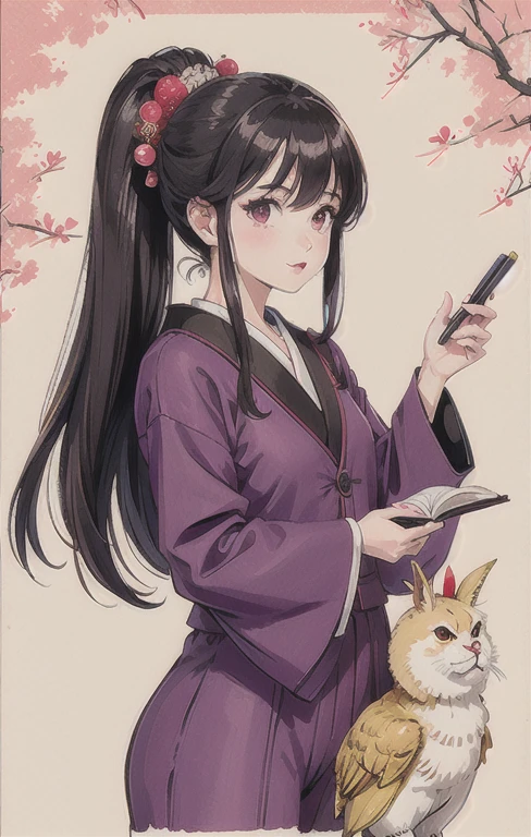 1chica , pelo morado , ojos morados , japanese school suit , hermosa, de gran pecho , un libro en una mano , refresco en la mano izquierda 