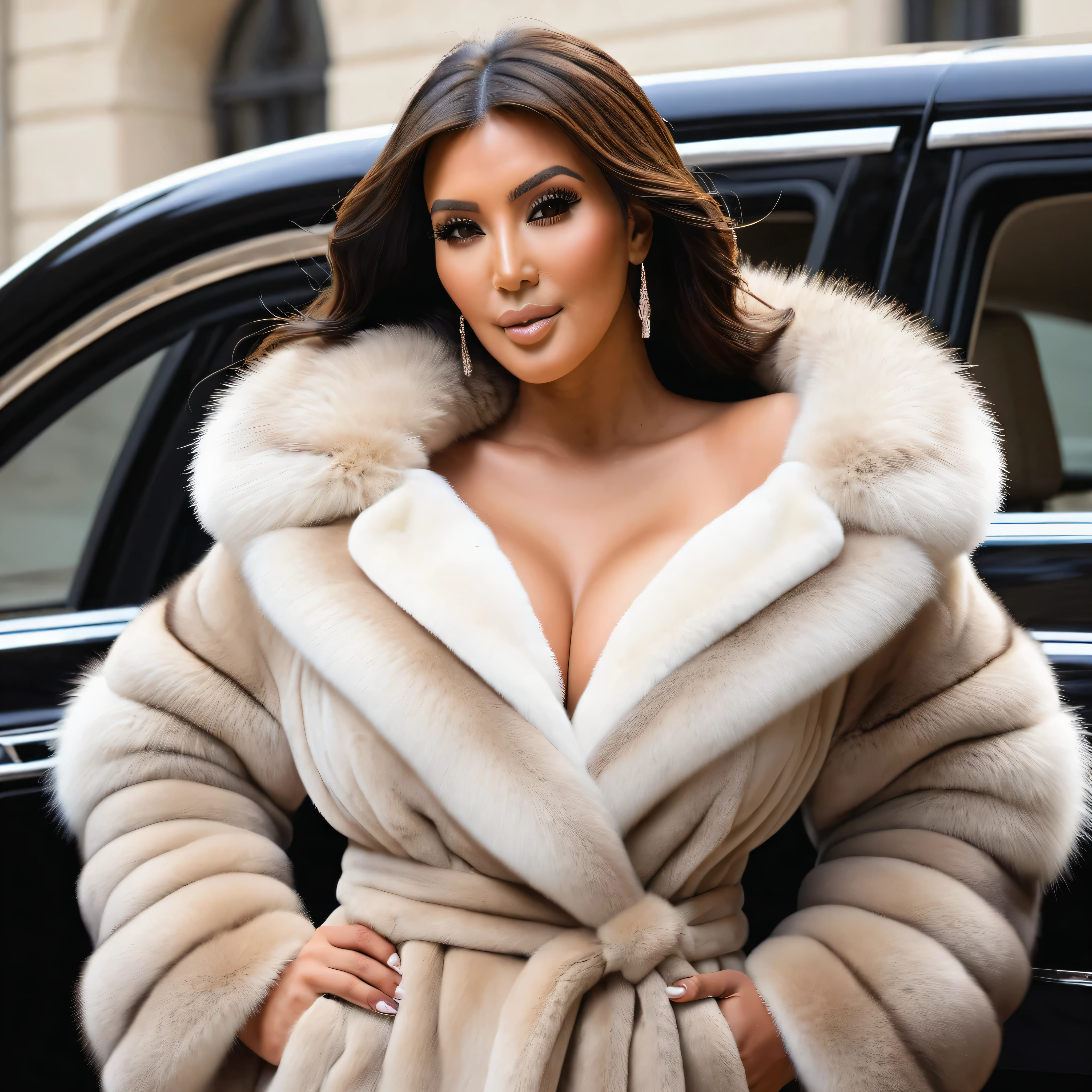 A very wide and very thick, very long sand mink fur coat, fifty centimeters thick, duveteux, naturel, with an ultra thick white and sand mink fur collar, three layers, sur Kim Kardashian, fully nude front view, bare shoulders, and two large breast discovered by the fur, descend d'une voiture de luxe Rolls Royce, en haute résolution de la plus high quality、,Photo 8K HDR), Realistic texture, realistic shadows