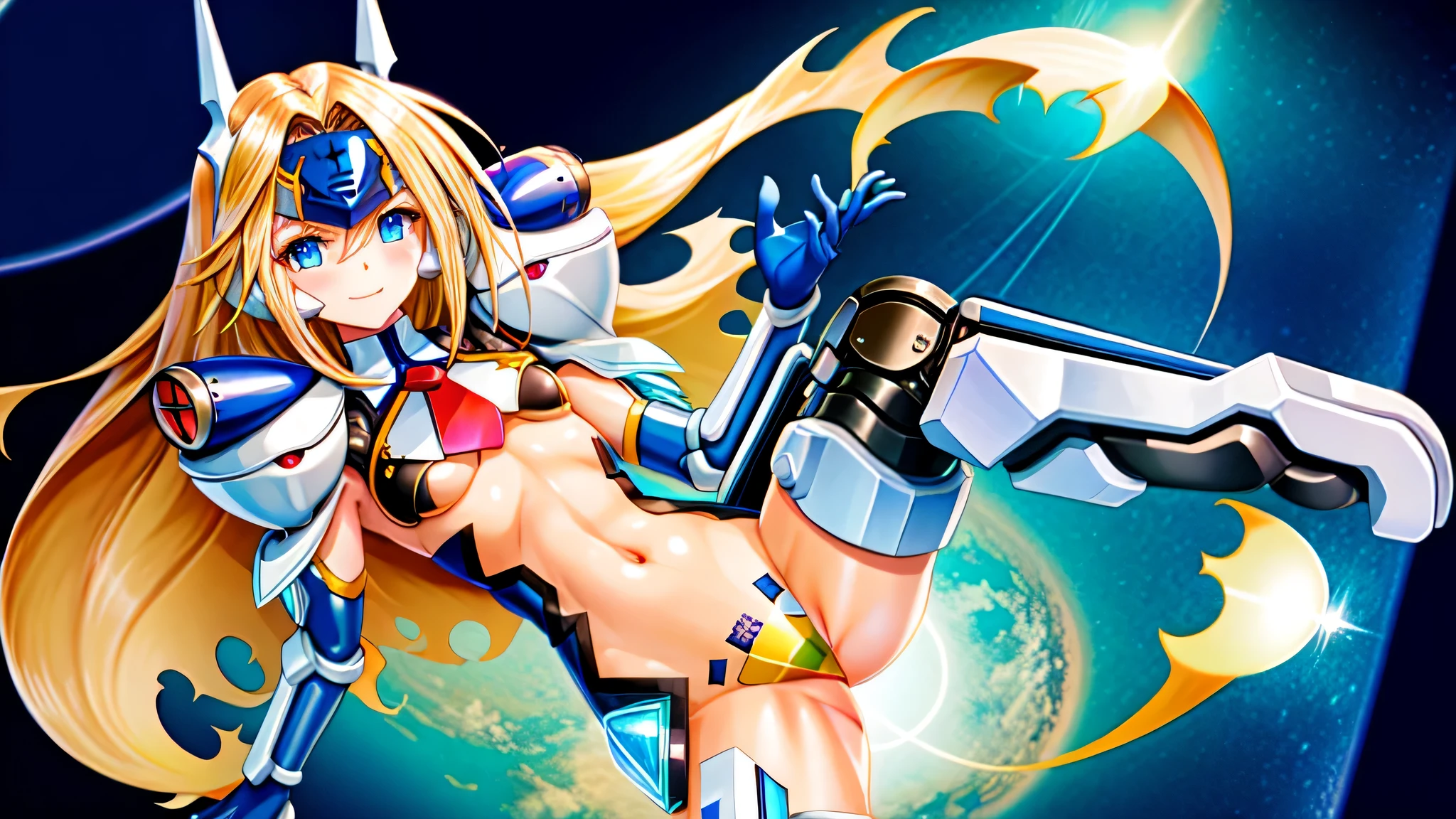 (((masterpiece, extremely detailed drawing, official art, promotional art, abstract background, highres, accurate drawing, Character focused drawing))) , solo, mu-12, blue eyes, blonde hair, long hair, medium breasts, forehead protector, elbow gloves, robot ears, shoulder pads, mecha musume, arm blade, mechanical wings, navel, groin, detailed drawing, detailed hand, detailed finger, detailed face, detailed eyes, smiling at viewer, white background, (mechanical legs:0.9)