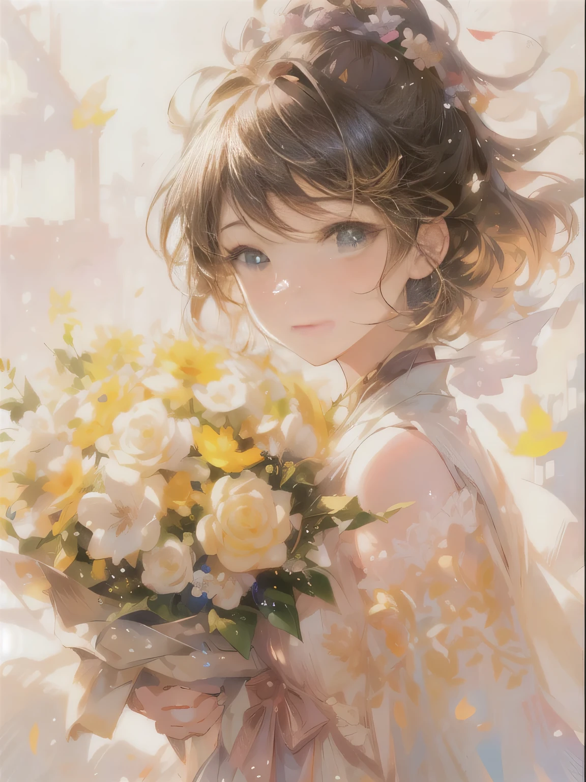 holding flowers in hand，Anime girl with butterflies flying around her, guweiz, guweiz on pixiv artstation, guweiz on artstation pixiv, Beautiful sunflower anime girl, guweiz style artwork, Beautiful anime portrait, Detailed portrait of anime girl, Popular topics on artstation pixiv, Gurwitz Masterpiece