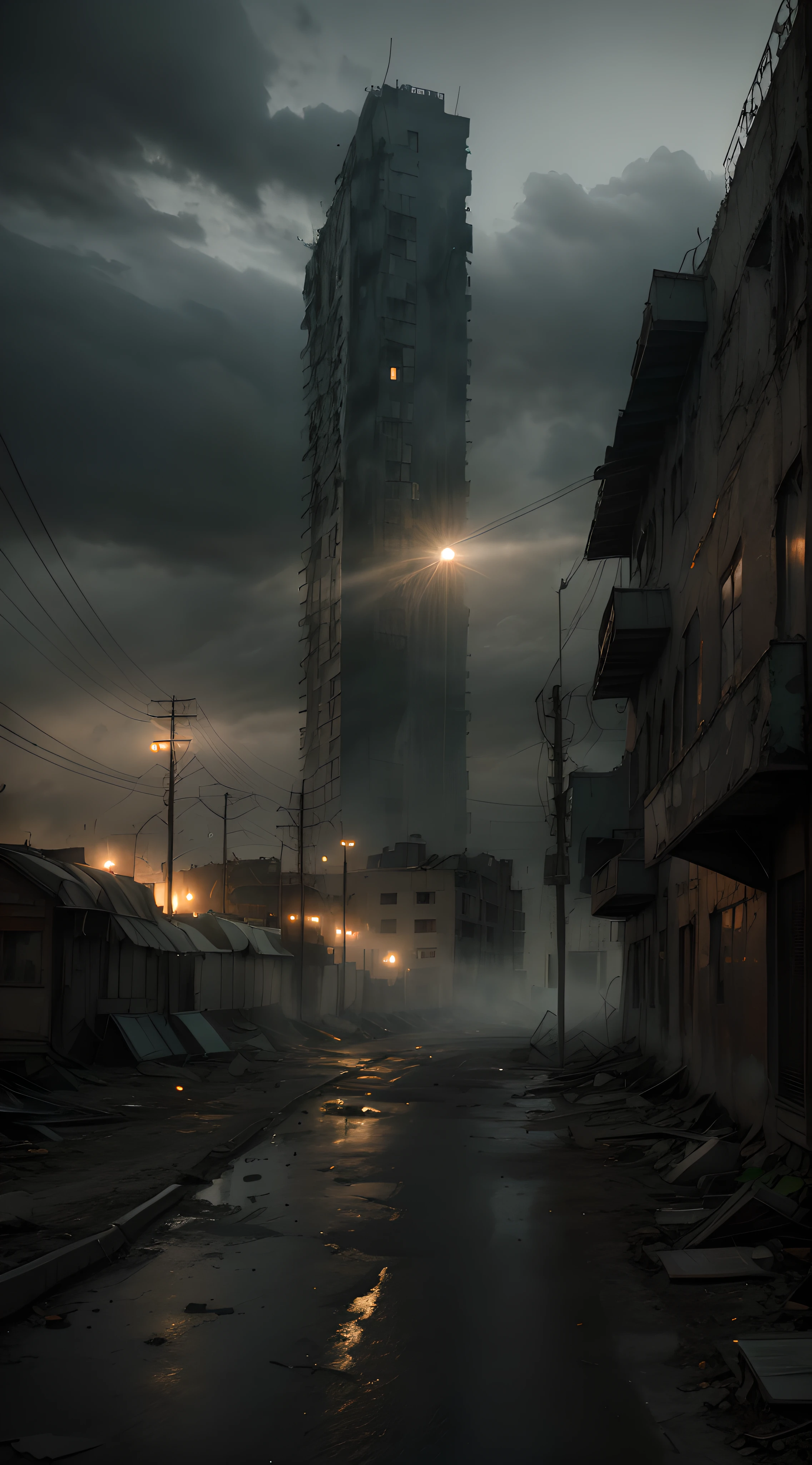 Create a high resolution (8k) image that mixes elements from the film 'Silent Hill' with the ghost town of Centralia. Add a layer of ash hovering over the empty streets and highlight an abandoned, dilapidated amusement park as a focal point. Use dramatic lighting, com luzes fracas e sombras intensas, para criar uma atmosfera de suspense e terror, lembra a atmosfera do filme