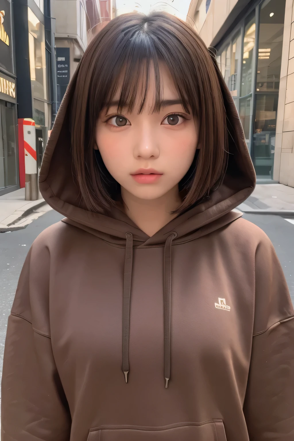 masterpiece, highest quality, One girl, (a beauty girl, Delicate girl:1.3), (:1.3), very fine resolution, (symmetrical eyes:1.3), (Street view:1.2), (hoodie:1.2), small breasts, brown eyes, parted bangs, brown hair, girl, (Eye and face details:1.0), (get closer to the face, zoom in on the face, face focus:1.0)
