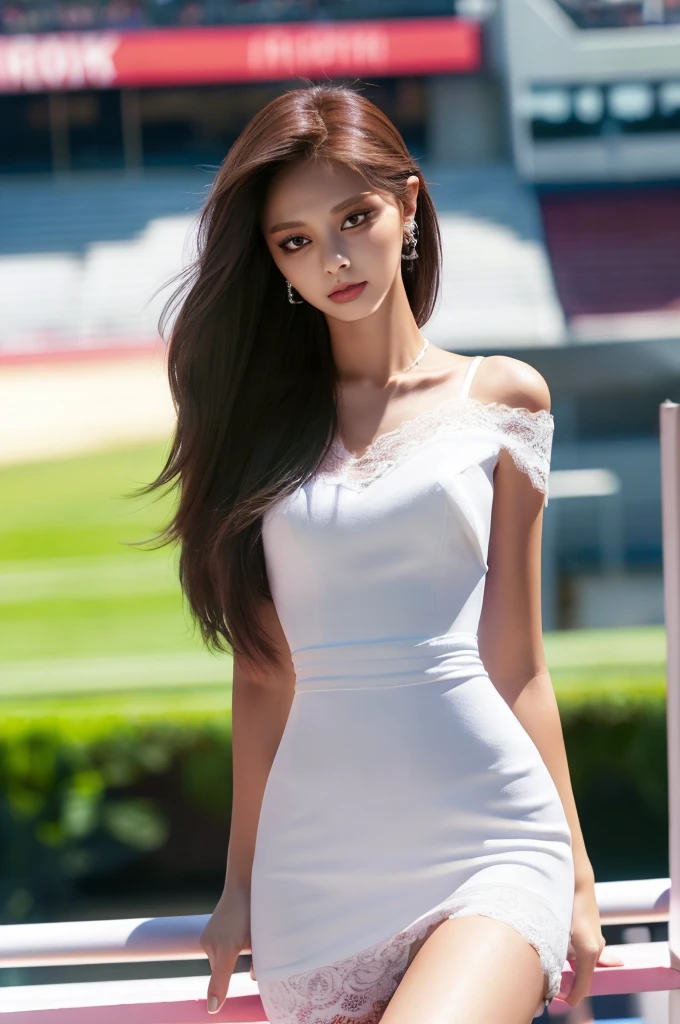 Tzuyu 1, woman, (realistic), (hyper realism), (photorealistic), Depth of the bounds written, eye make up:0.7 (whole body:1.2), (tight waist), looking at the viewer,at the racing track, lace queen, Sexy dress with open shoulders and chest