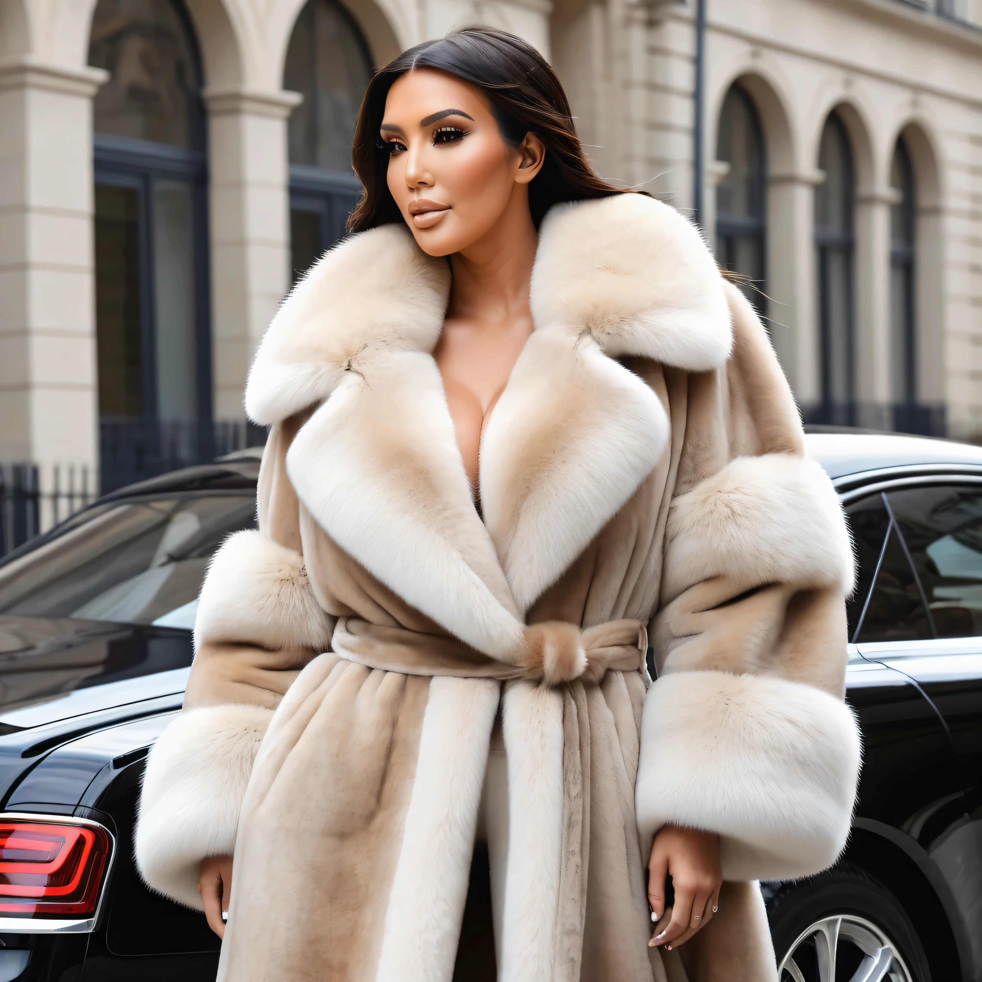 A very wide and very thick, very long sand mink fur coat, fifty centimeters thick, duveteux, naturel, with an ultra thick white and sand mink fur collar, three layers, sur Kim Kardashian, fully nude front view, bare shoulders, and two large breast discovered by the fur, descend d'une voiture de luxe Rolls Royce, en haute résolution de la plus high quality、,Photo 8K HDR), Realistic texture, realistic shadows