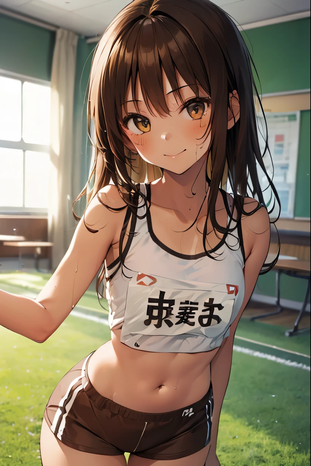 highest quality、 bra、beige shorts、cool look、Sexy pose in room、armpit sweat、Grass、ecstasy face((table top)), (1 girl:2.0), (highly detailed face, smile) , (physically thin), (japanese girl), ((Athletics Club Member, Long-distance runner)), Slightly round face, (tanned brown face:1.6), cute, Big eyes