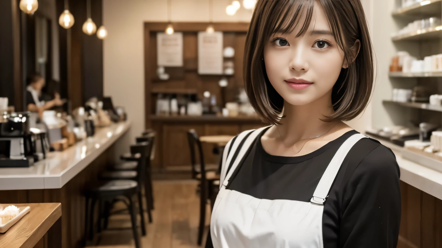 (((Cafe:1.3, Inside the store, Photographed from the front))), ((beauty salon model:1.3,Black and white bicolor dress, japanese woman, cute)), (clean, natural makeup), (highest quality, masterpiece:1.3, 超High resolution), (Super detailed, caustics), (realistic:1.4, RAW shooting), very detailed, High resolution, 16K resolution,neat clothes,CafeInside the storeで撮影