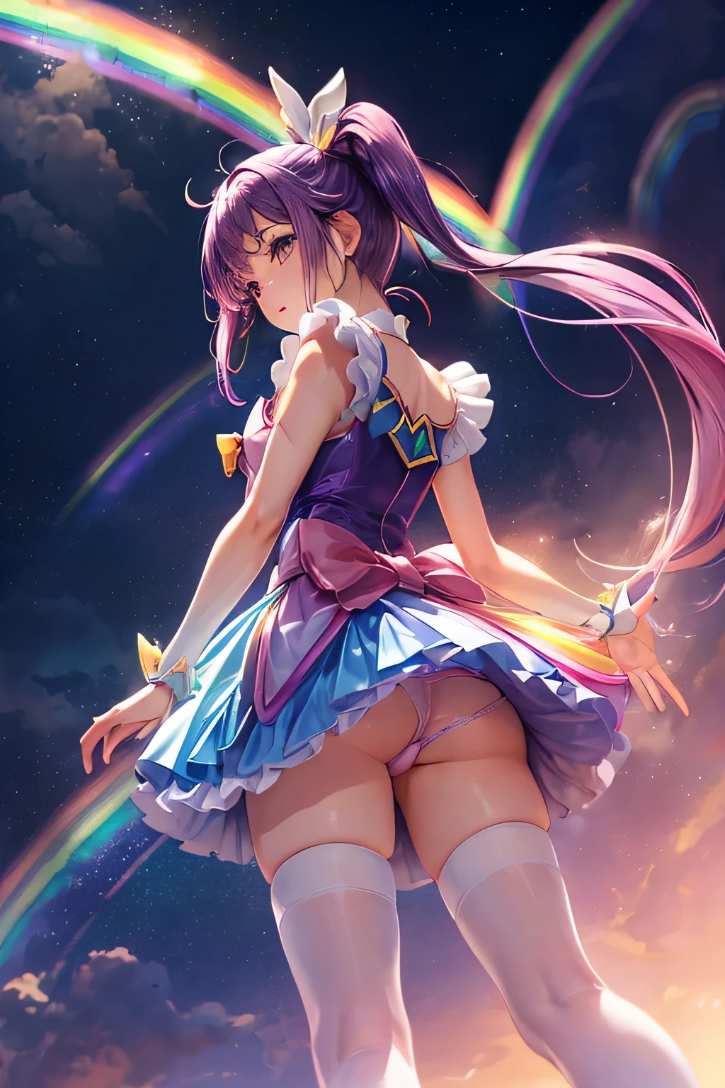 (((Panty shot)))、mini skirt、(((Rainbow Magical Girl Costume))、Beauty、Purple Hair Ponytail、((whole body))、(((photo taken from below)))、night sky