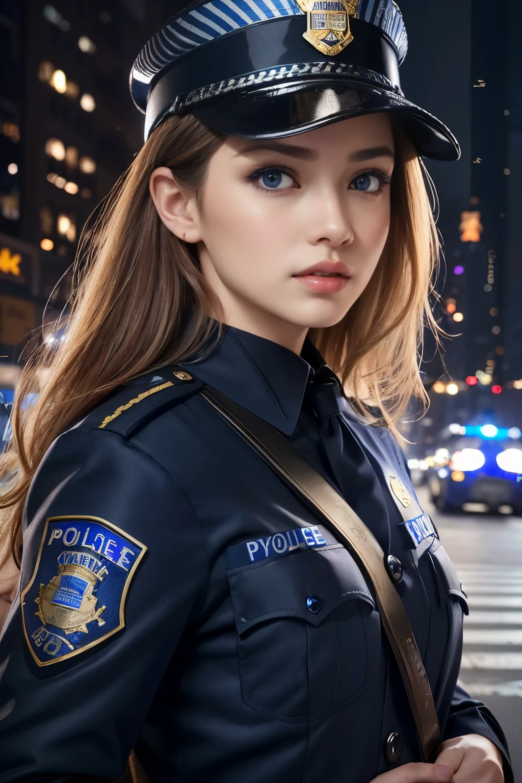 top-quality、hight resolution、ultra-detailliert、masterpiece、Raw photography:1.5、realisitic:1.5、Photorealsitic:1.5、extremely delicate and beautiful、finely detail、 1womanl、(Super beautiful)、(beauitful face:1.5)、(A detailed face:1.5)、gala k-up、(lip stick:1.1)、(eye line:1.2)、mascara、eyeshadows、glamor、blue eyess、(Blonde and brown hair)、Wavy Hair、asymmetrical bangs、(new york police uniform:1.5)、city street at night、cowboy shot