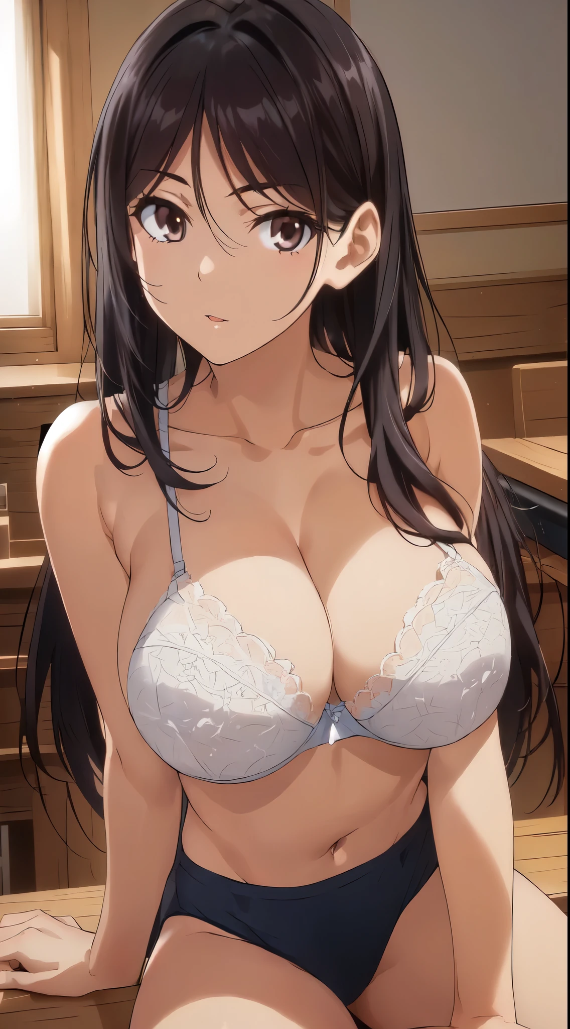 (masterpiece:1.5),(perfect anatomy:1.4),anime character,(bright room:1.1),(vivid color:1.4),(slender:1.4),(brown eyes:1.4),arms behind back,perfect female body,Bright colors,perfect lighting,(light from the front,light shines on your face:1.3),(very accurate details,ultra high resolution,Highly detailed CG) nity 8K wallpaper:1.5),(realistic,Photoreal,超realistic:1.4),(curve,model,Glamour:1.4),beautiful breasts,beautiful detailed shadows,beautiful eyes,beautiful body,beautiful skin,beautiful hands,(Aesthetic Anime Eyes:1.4),shiny hair,(black hair:1.5),(long straight hair:1.5),(smile,blush:1.4),(brown eyes:1.4),