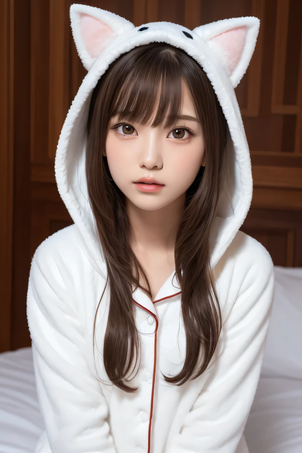 one girl, (a beauty girl, delicate girl:1.3), (:1.3),
break, (white fluffy kigurumi pajamas, cat kigurumi:1.2), (Upper body:1.2),
break, very fine resolution, (symmetrical eyes:1.3),
break, (Bedroom:1.3),
break, small breasts, brown eyes, parted bangs, brown hair, girl,
break, (Eye and face details:1.0),
break, (masterpiece, highest quality, super detailed, detailed face, 8K)
