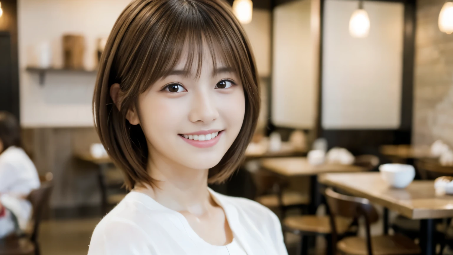 young japanese woman, 30 generations, white background, Background of a stylish cafe interior, white brown hair, thin, 4k, 8K, high quality, beauty, smile, beautiful eyes, It is characterized by its simplicity, High resolution,1 person,Clean clothes