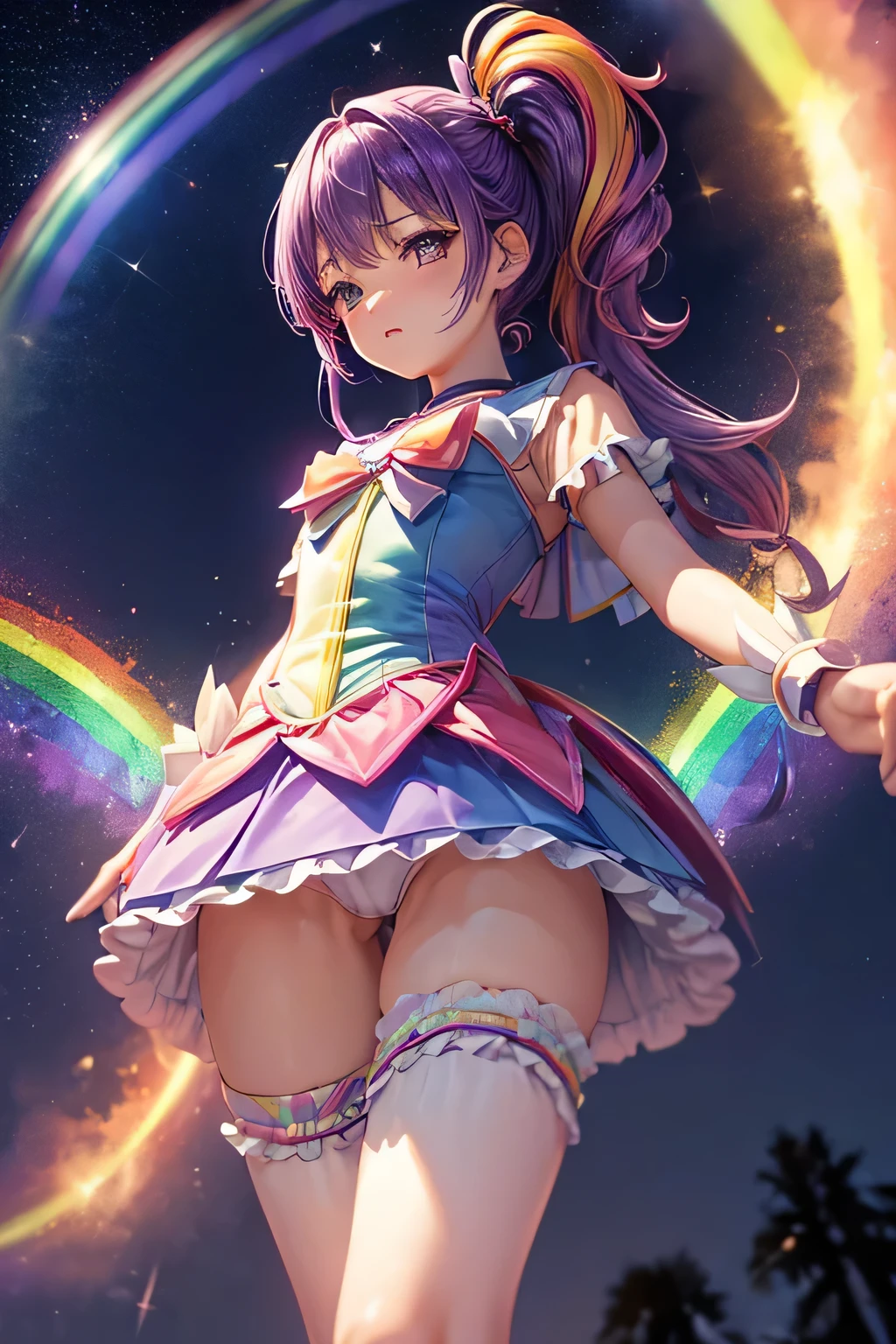(((Panty shot)))、mini skirt、(((Rainbow Magical Girl Costume))、Beauty、Purple Hair Ponytail、((whole body))、(((photo taken from below)))、night sky