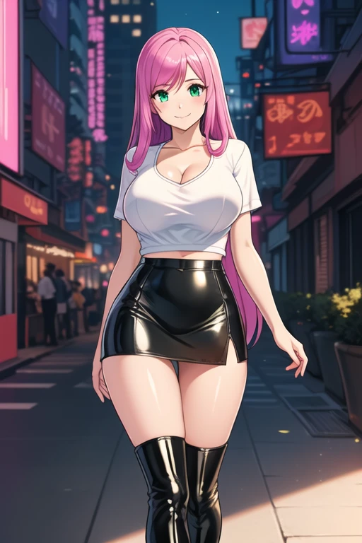 1 girl, 19 years old, Long pink hair, green eyes with slit pupils, master-piece, best quality, (standing up), (tight white shirt), (tight white v-neck crop t-shirt, black leather pencil mini skirt, patent leather high heel boots, cleavage), (Big , ultra gigantic , Super super big, Glamorous body), Make eye contact with the camera, front figure, looking forward, (light_Smile:1.5), (Detailed hands and fingers:1.2) (Cyberpunk City), (FULL BODYSHOT), thighs thighs thighs thighs、beauty legs、