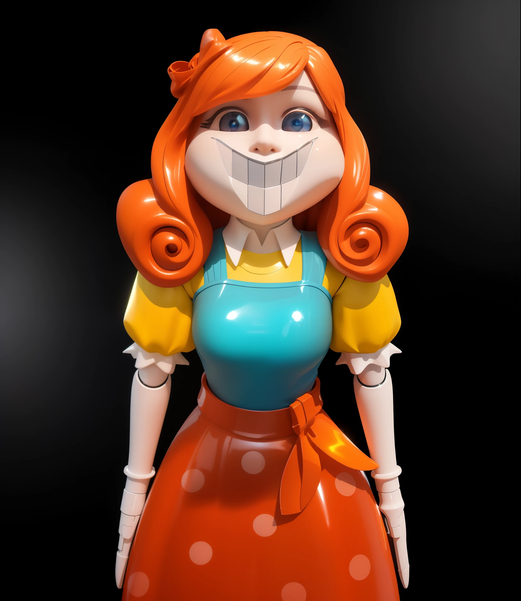 cartoon doll girl, doll, game character, videogame character, creepy doll, large creepy smile, doll with creepy smile and red eyes, insane, doll toy, glossy texture, smooth 3d model, multiple light sources, rim light, sharp post effects render, (glossy plastic texture with multiple big light probe refractions), perfect cgi, smooth silhouette, high intensity refraction, (super glossy material), most beautiful vfx, blue background, plastic refractions, realistic, 4k, high resolution, rim light, photo shoot, commercial photo, profile shot, 4k, rim light, high resolution, 4k, glossy texture, smooth 3d model, multiple light sources, rim light, sharp post effects render, (glossy metallic texture with multiple big light probe refractions), perfect cgi, cgi art created only with gradients, smooth silhouette, high intensity refraction, (super glossy chrome material), most beautiful vfx, blue background, chrome metal refractions, multiple light sources, rim light, sharp post effects render, perfect cgi, digital art, detailed digital art, reflective, best quality, 4k, masterpiece:1.2, ultra-detailed, realistic, vivid colors, dark and moody lighting, The image of the highest quality, ensuring every detail showcased perfectly. It in 4k resolution, allowing viewers to immerse themselves in the richness of the colors and intricate details. The realistic rendering. under the spotlight, reflecting, high-resolution image, realistic rendering, dark background, and rim light photorealistic