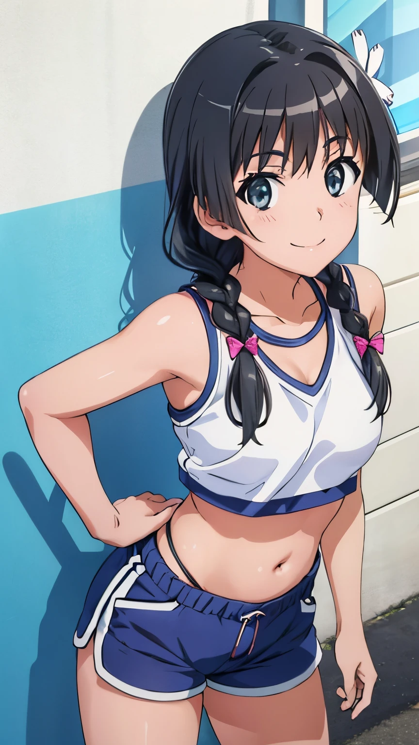 pixel perfect, Perfect in every detail, alone, 1 girl, Saten Ruiko, medium breasts,braid hair,inner,belly button,shorts,smile,stylish pose,stylish angle,looking at the viewer,in the center of the image,alone,