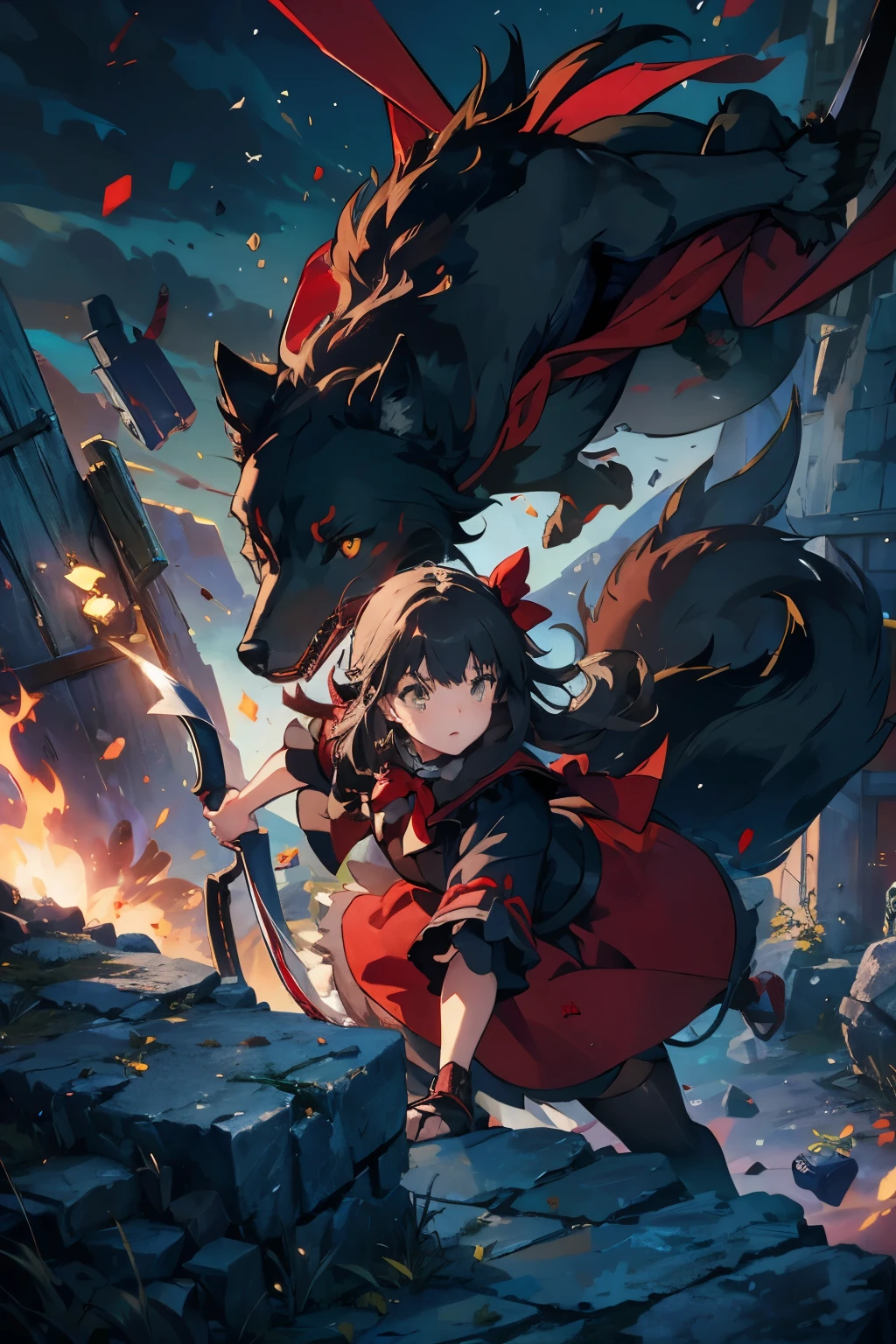 little Red Riding Hood，Hand holding bow and arrow，Attacking wolves，A black wolf and a gray wolf，Fighting，explode，Two wolves，Wearing a red cloak