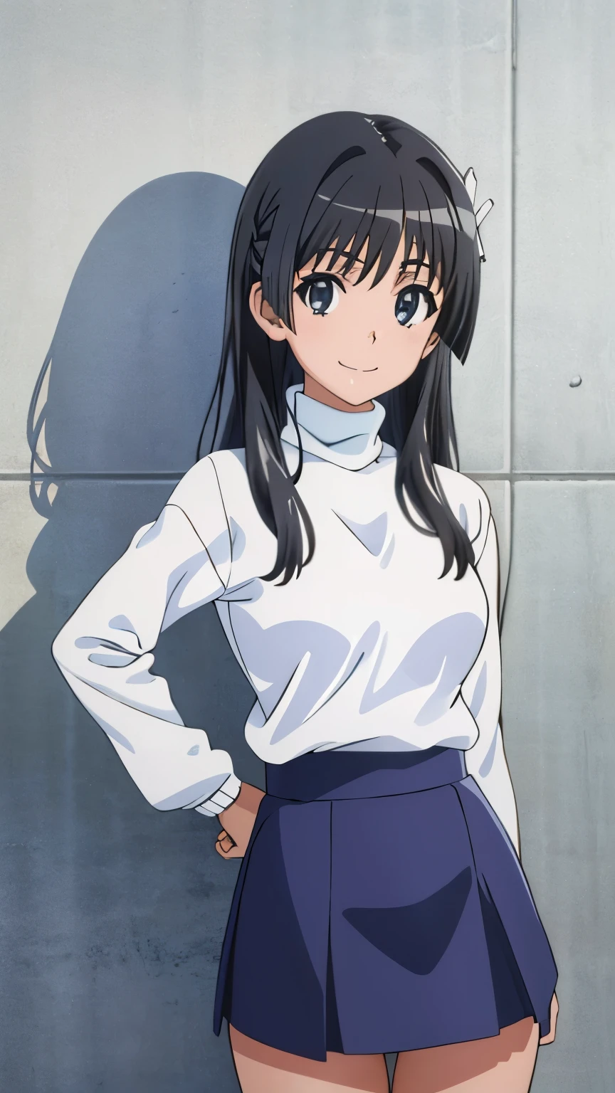 pixel perfect, Perfect in every detail, alone, 1 girl, Saten Ruiko, medium breasts,wave hair,turtleneck,,mini skirt,smile,stylish pose,stylish angle,looking at the viewer,in the center of the image,alone,