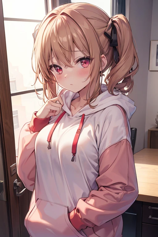((4K, master piece, Best Quality)), 1girl in, Light brown SHRT hair, Red Eyes, center parted hair, medium breasts, Cute, blush, oversize hoodie