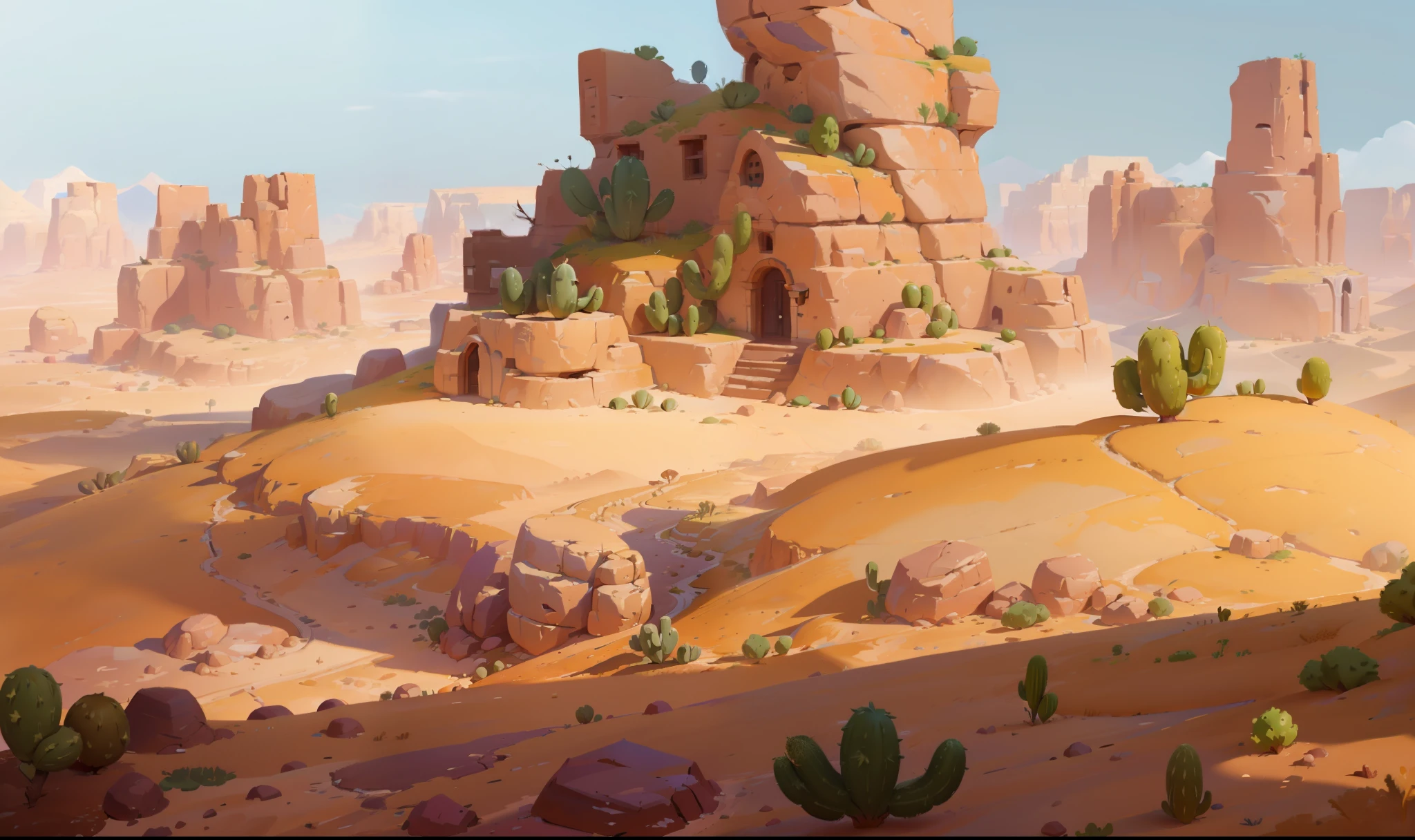 there is a desert scene with a cactus and rocks, background art, painted as a game concept art, stylized concept art, background artwork, desert environment, desert background, digital painting concept art, painterly concept art, sand and desert environment, concept art style, rocky desert, 2d concept art, desert wasteland, environment painting, scenery game concept art