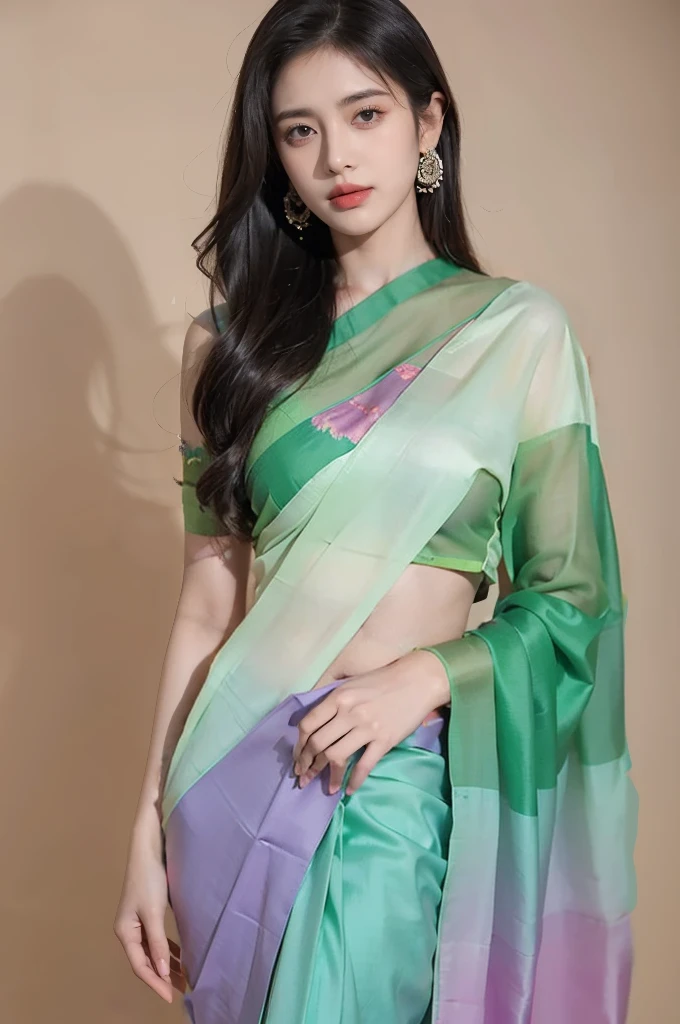 Mint green, purple brus painted silk saree with pink, green, red, mint green prints and embroidery. Tassel trimmed aanchal and comes with matching unstitched blouse piece. Blouse shown in the photo is a styling suggestion, it is not a part of the actual product.