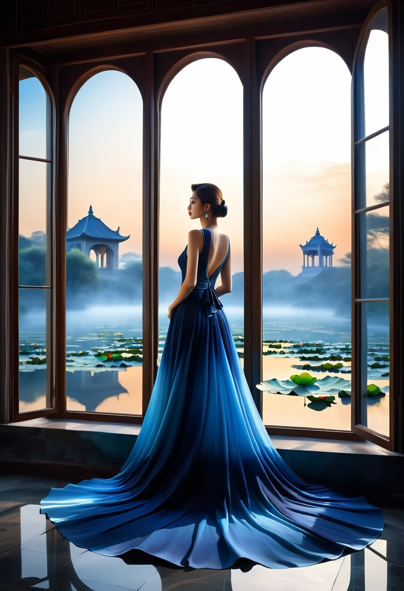 beautiful dark room，There is a big window,  The scenery outside the window，(Looking out from the window:1.5)，Roman style windows，An elegant woman wearing a blue gradient dress standing by the window.  A large lotus pond outside the window, creating a surreal ambiance.  Inspired by concept artist Mobius, The color has a strong contrast between light gray and dark navy blue, Create a sense of mystery.