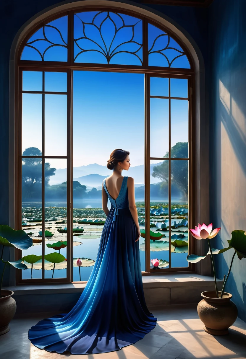 beautiful dark room，There is a big window,  The scenery outside the window，(Looking out from the window:1.5)，Roman style windows，An elegant woman wearing a blue gradient dress standing by the window.  A large lotus pond outside the window, creating a surreal ambiance.  Inspired by concept artist Mobius, The color has a strong contrast between light gray and dark navy blue, Create a sense of mystery.