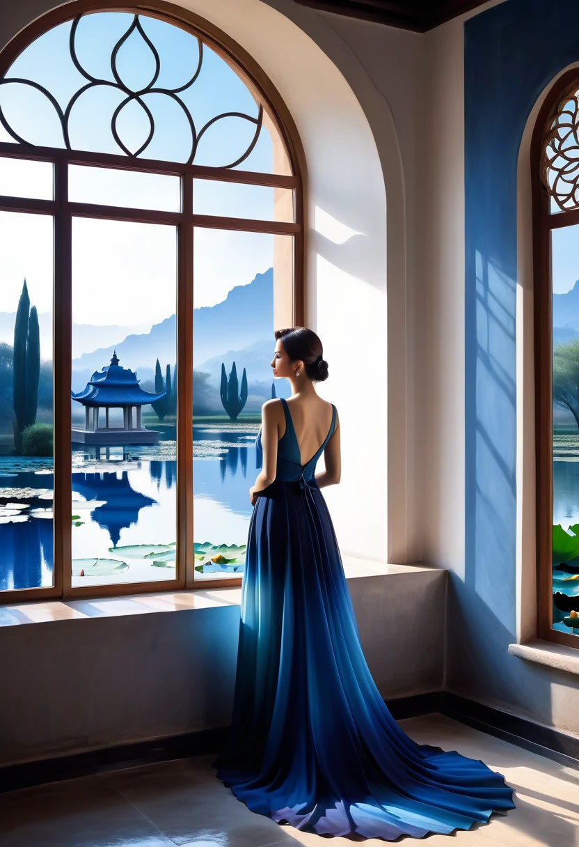 beautiful dark room,There is a big window, The scenery outside the window,(Looking out from the window:1.5),Roman style windows,An elegant woman wearing a blue gradient dress standing by the window. A large lotus pond outside the window, creating a surreal ambiance. Inspired by concept artist Mobius, The color has a strong contrast between light gray and dark navy blue, Create a sense of mystery.