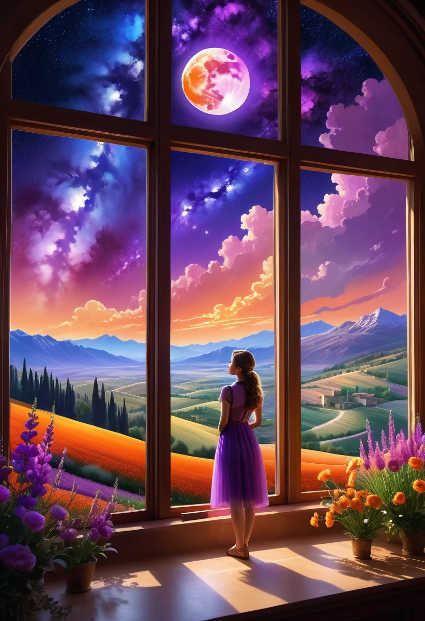 Windows in Roman architectural style,Girl standing by the window,The scenery outside the window,Looking out from the window,vast landscape photos, (A view of the sky and the wilderness below), Standing in the flower field and looking up, (full moon: 1.2), (meteor: 0.9), (nebula: 1.3), distant mountains, The art of tree folding, (Warm light source: 1.2), (firefly: 1.2), lamp, purple and orange, intricate details, Volumetric lightingBREAK (masterpiece: 1.2), (best quality ), 4K, Super detailed, (Dynamic configuration: 1.4), Highly detailed and colorful details (iridescent: 1.2), (sparkling lights, mood lighting), fantastic, magic, (alone: 1.2)