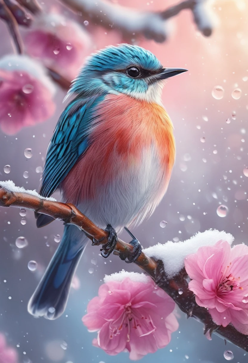 A beautiful hyper-fluffy hyperrealistic bird on a branch with pink flowers and snow. Small water drops, shining. Sunrise. Pastel colors. Intricately detailed, masterpiece, beautiful. Photorealistic, raw image, aesthetic