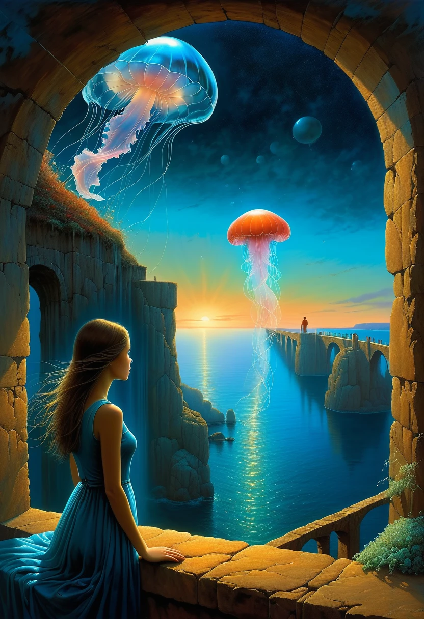 beautiful dark room，There is a big window, The scenery outside the window，Looking out from the window，Girl looking into the distance at the window，The Faceless Stone Woman on the Bridge，Handheld Light，Background with jellyfish, With the sky as a background, Brome&#39;s Art, Magic  artwork, super fine, Fantasy Art Surrealism Beksinski