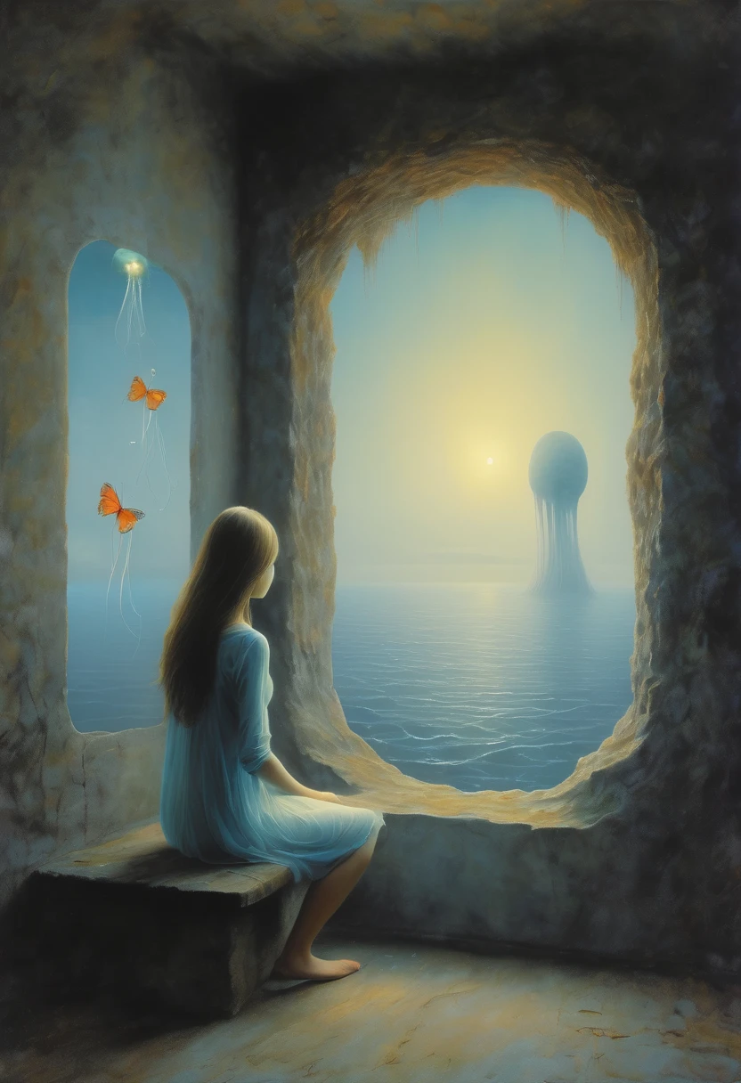 The scenery outside the window，Looking out from the window，Girl looking into the distance at the window，The Faceless Stone Woman on the Bridge，Handheld Light，Background with jellyfish, With the sky as a background, Brome&#39;s Art, Magic  artwork, super fine, Fantasy Art Surrealism Beksinski