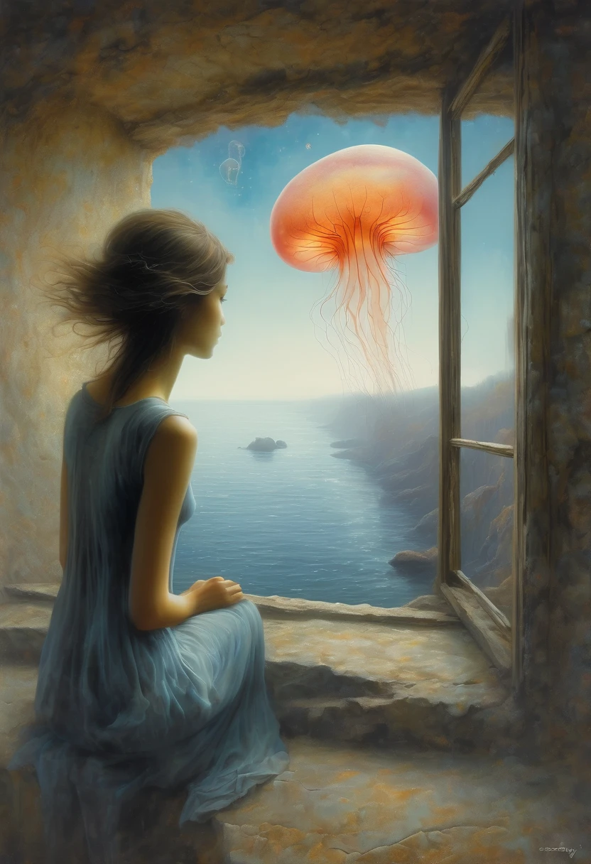 The scenery outside the window，Looking out from the window，Girl looking into the distance at the window，The Faceless Stone Woman on the Bridge，Handheld Light，Background with jellyfish, With the sky as a background, Brome&#39;s Art, Magic  artwork, super fine, Fantasy Art Surrealism Beksinski