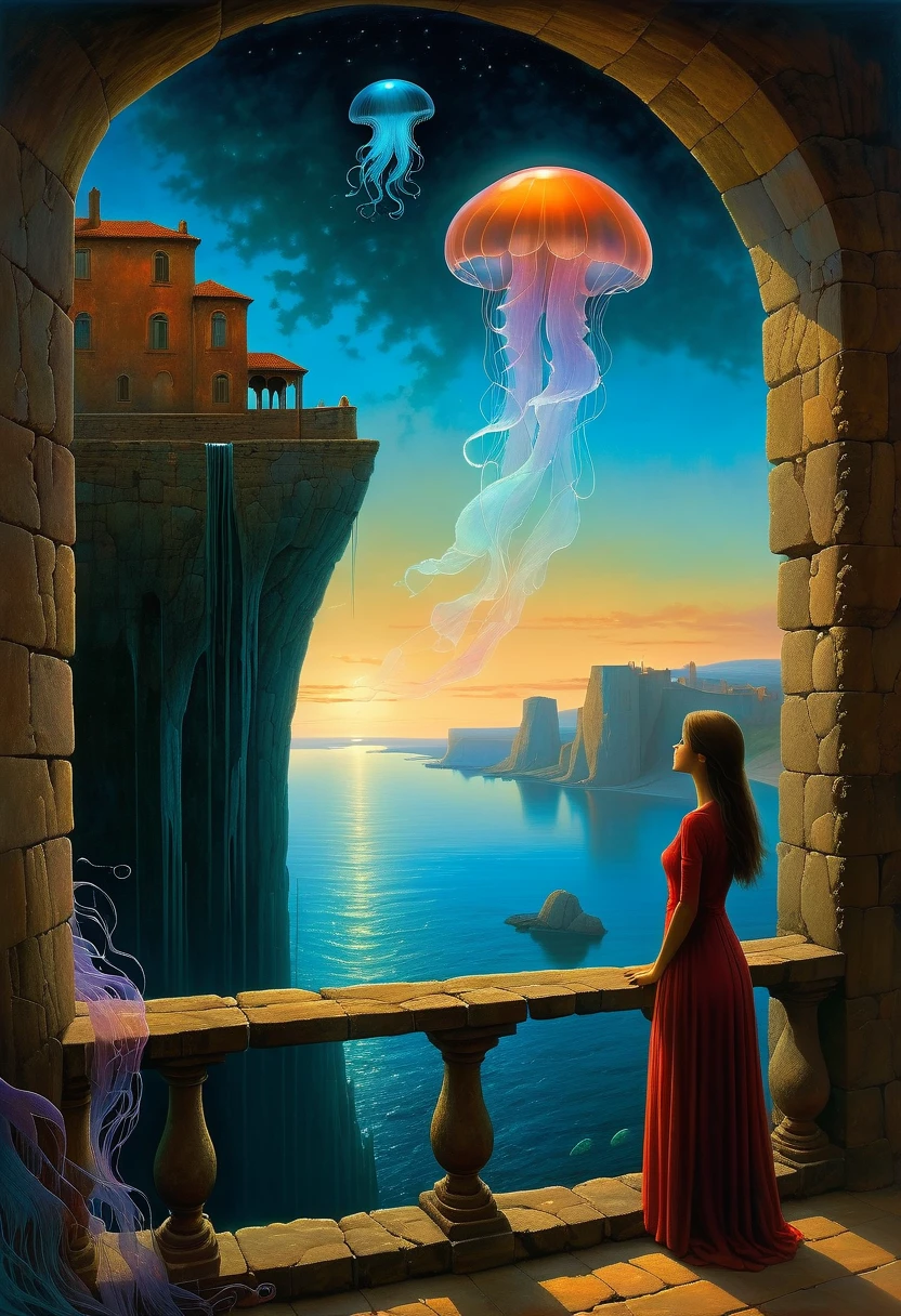beautiful dark room,There is a big window, The scenery outside the window,Looking out from the window,Girl looking into the distance at the window,The Faceless Stone Woman on the Bridge,Handheld Light,Background with jellyfish, With the sky as a background, Brome's Art, Magic artwork, super fine, Fantasy Art Surrealism Beksinski